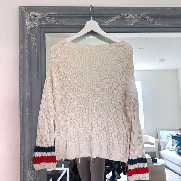 Brandy Melville Cotton Knit V-Neck Pullover Juliet Sweater Varsity Stripe Cuffs - Picture 5 of 8